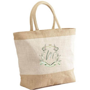 Jute Tote Bags, Wildflower Watercolor Motif in Green (customizable), $24.00